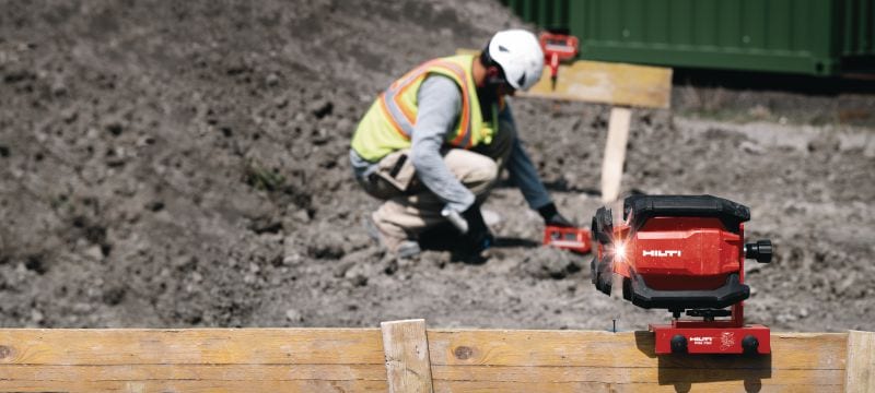 Niwelator laserowy PR 40-22 Wytrzymały niwelator laserowy do zastosowań zewnętrznych, z automatycznymi funkcjami do wykonywania prac przy dużych odległościach: poziomowania, wyrównywania, wykonywania spadków i ustawiania pod kątem prostym (platforma akumulatorowa Nuron) Aplikacje 1