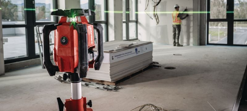 Niwelator laserowy PR 40G-22 Niwelator laserowy do zastosowań wewnętrznych, z dobrze widoczną, zieloną wiązką i automatycznymi funkcjami do wykonywania prac: poziomowania, pionowania, wykonywania spadków lub pochyleń, nadawania kwadratowego kształtu (platforma akumulatorowa Nuron) Aplikacje 1